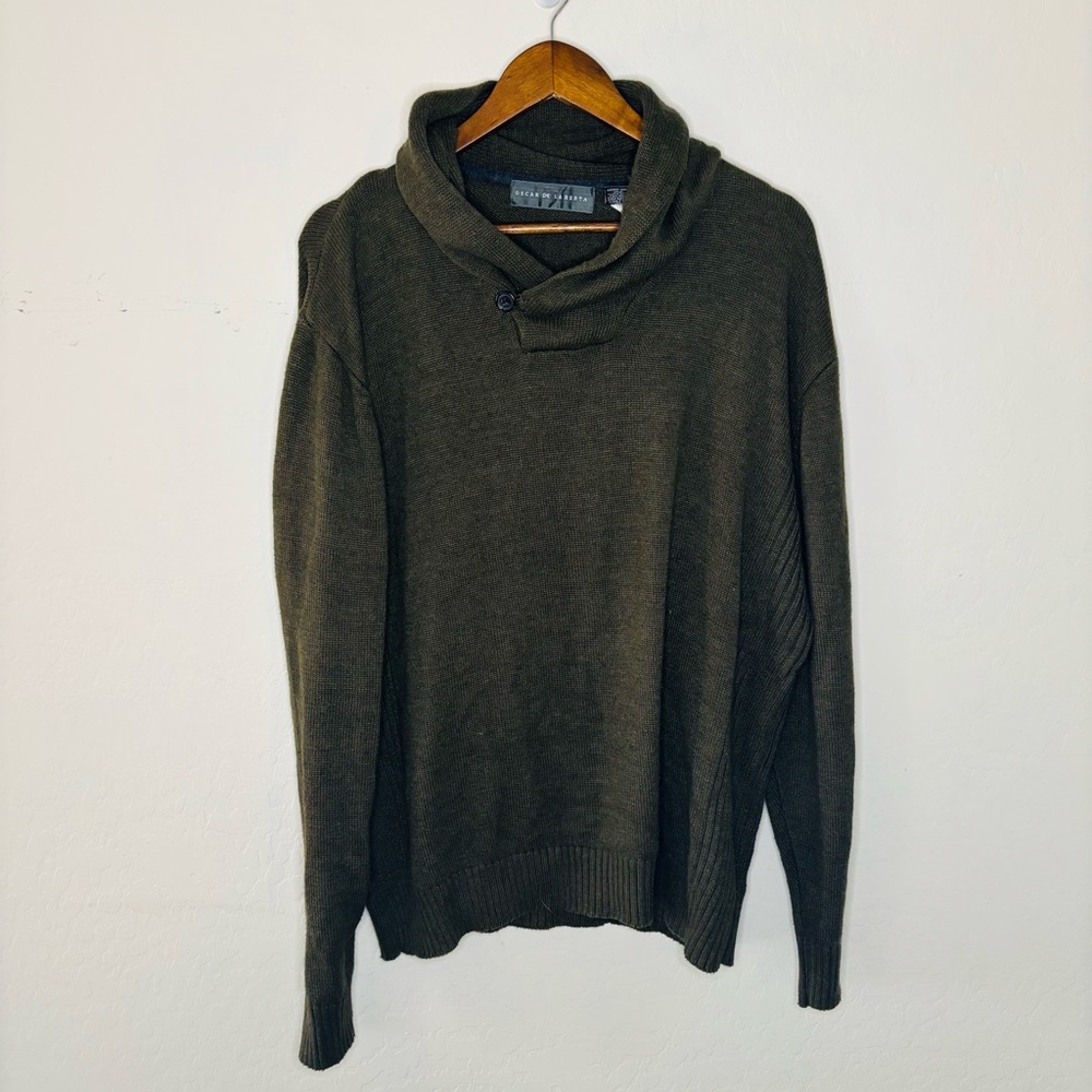 Oscar de la Renta Men's Olive Green Shall Collar Sweater Size XL Cotton Blend